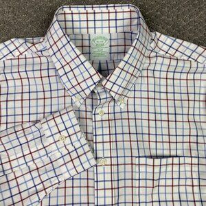 Brooks Brothers 1818 Slim Oxford Shirt 16  33 White Check OCBD Non Iron Stretch